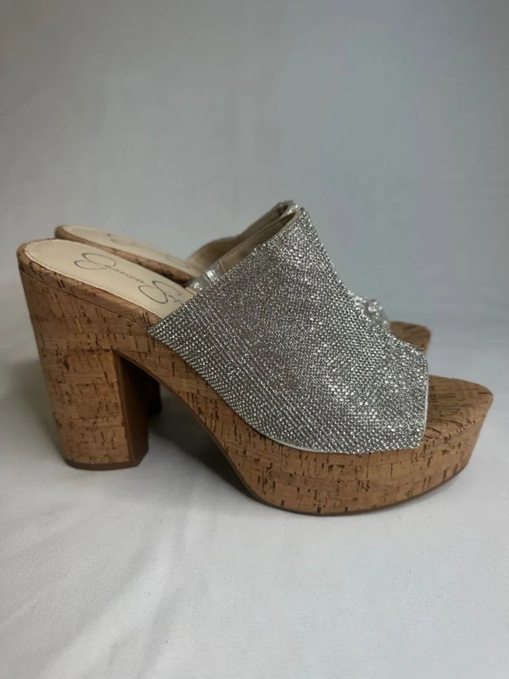 Jessica Simpson Silver Rhinestone Cork Mule Slides - Picture 3 of 7